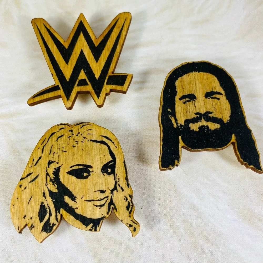 RARE Laser cut wood WWE Superstar lapel pins Alexa Bliss Seth Rollins WWE Logo